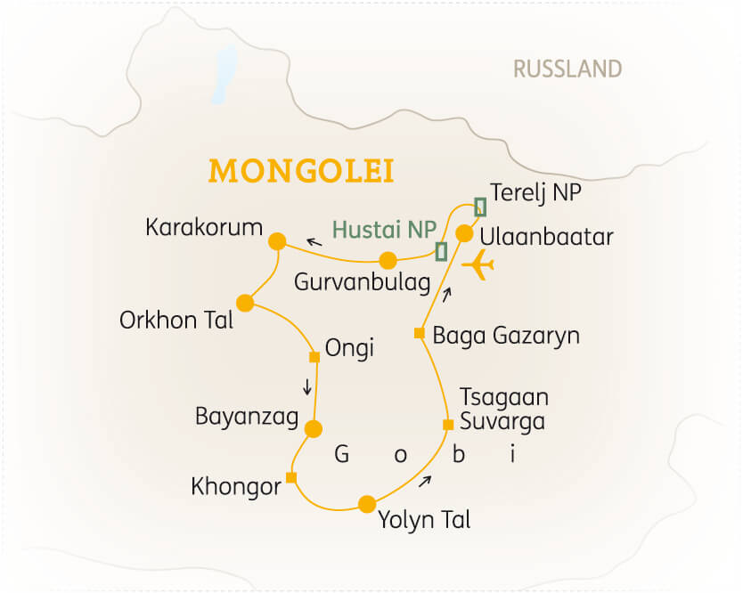 Karte der Mongolei mit wichtigen Orten wie Ulaanbaatar und Nationalparks wie Hustai NP und Terelj NP.