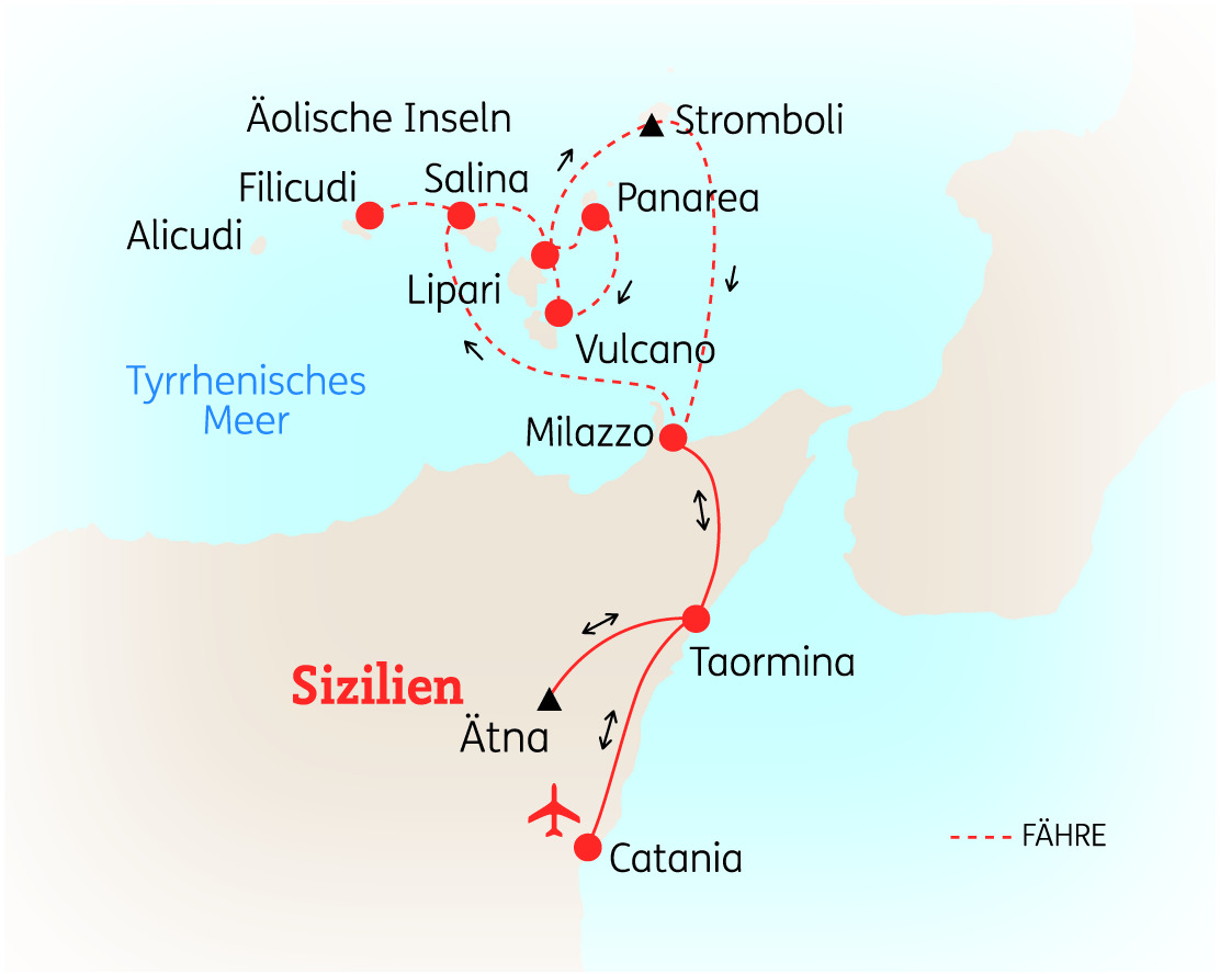 Karte der Äolischen Inseln und Sizilien mit wichtigen Orten und Routen, einschließlich Ätna und Catania.