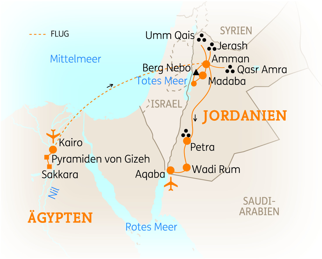 Karte von Ägypten und Jordanien mit wichtigen Städten und Sehenswürdigkeiten wie Kairo, Petra und Wadi Rum.