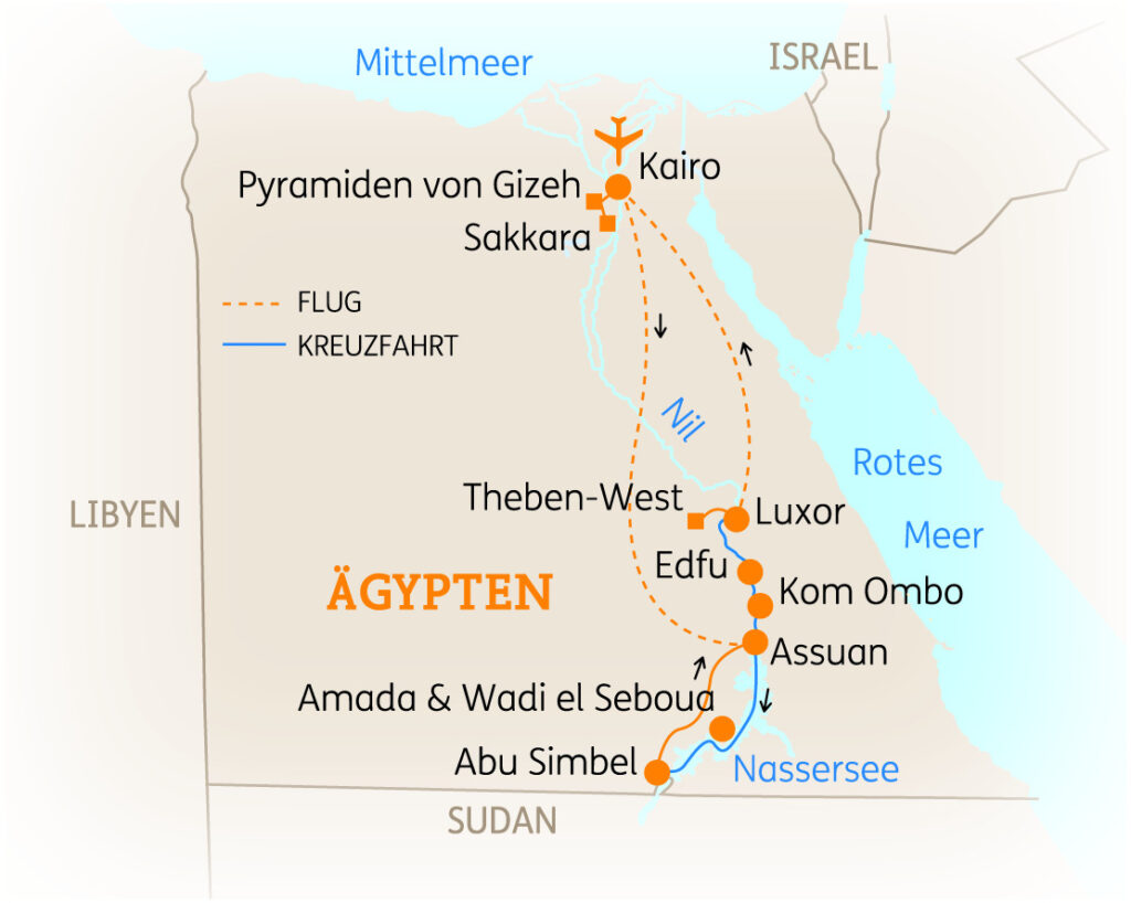 Karte von Ägypten mit wichtigen Städten und Sehenswürdigkeiten wie Kairo und den Pyramiden von Gizeh.