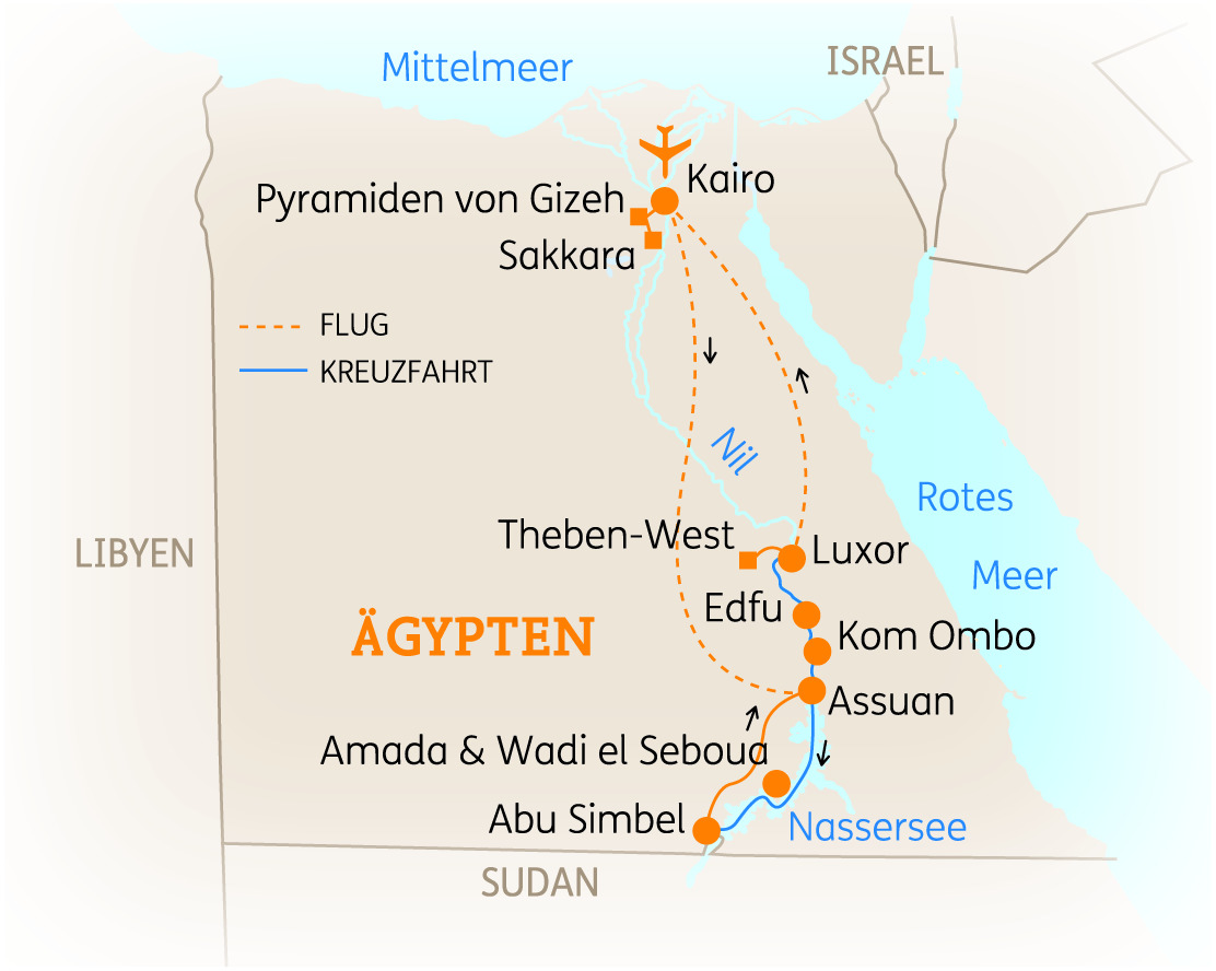 Karte von Ägypten mit wichtigen Städten und Sehenswürdigkeiten wie Kairo und den Pyramiden von Gizeh.