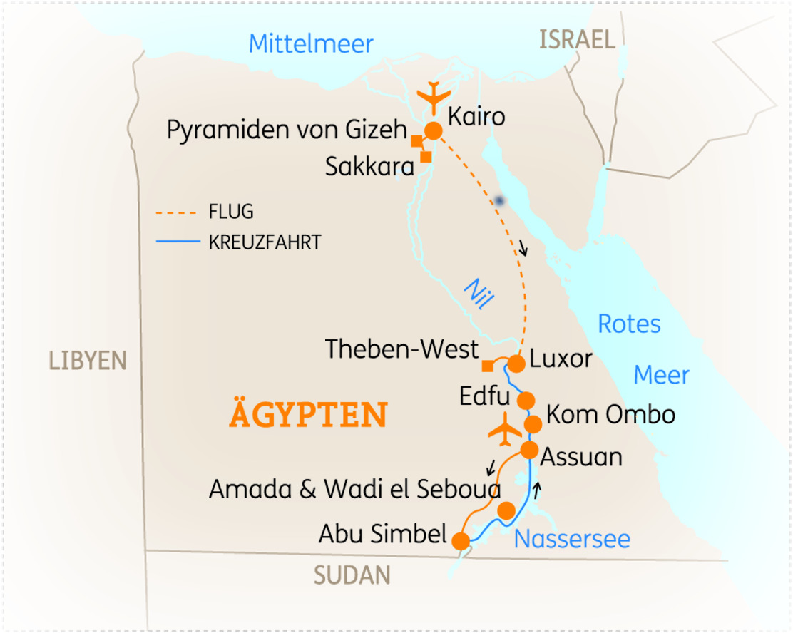 Karte von Ägypten mit wichtigen Städten und Sehenswürdigkeiten wie Kairo, Luxor und Abu Simbel.