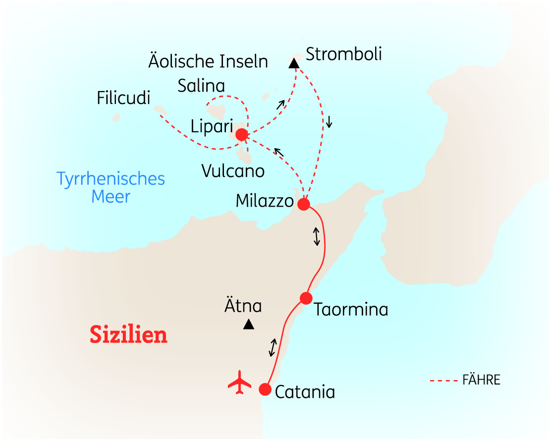 Karte der Äolischen Inseln und Sizilien mit wichtigen Orten wie Lipari, Stromboli und Ätna.