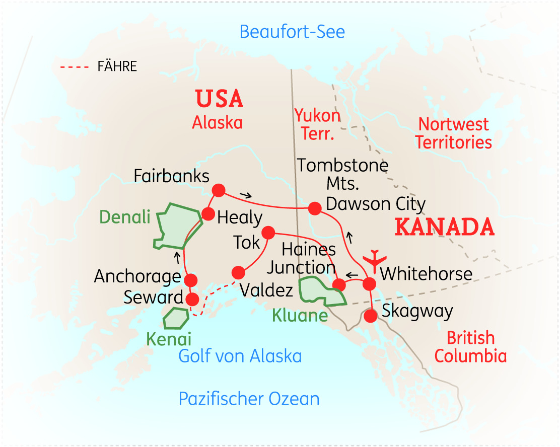 Karte von Alaska und Yukon mit wichtigen Städten und Routen, einschließlich Fairbanks und Whitehorse.