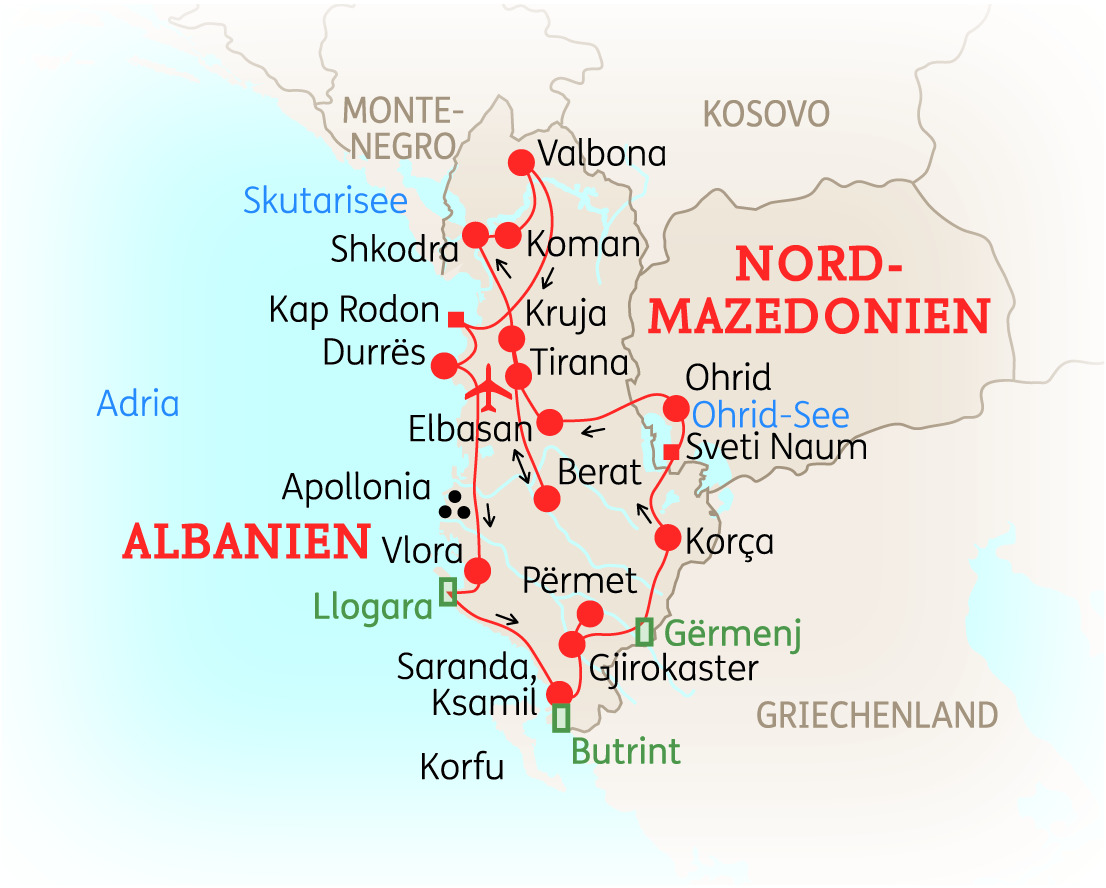 Karte von Albanien und Nord-Mazedonien mit wichtigen Städten und Routen in einem klaren Design.