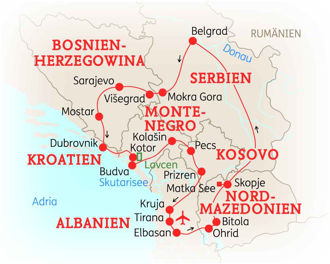 Karte von Albanien und umliegenden Ländern, einschließlich Montenegro, Serbien und Kroatien, mit wichtigen Städten und Routen.