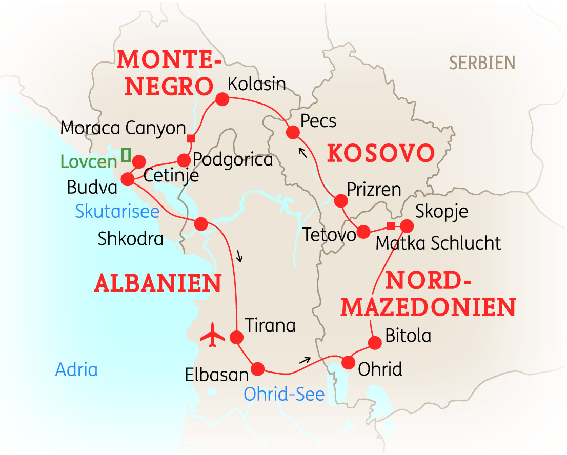 Karte von Albanien, Kosovo und Nord-Mazedonien mit wichtigen Städten und Routen.