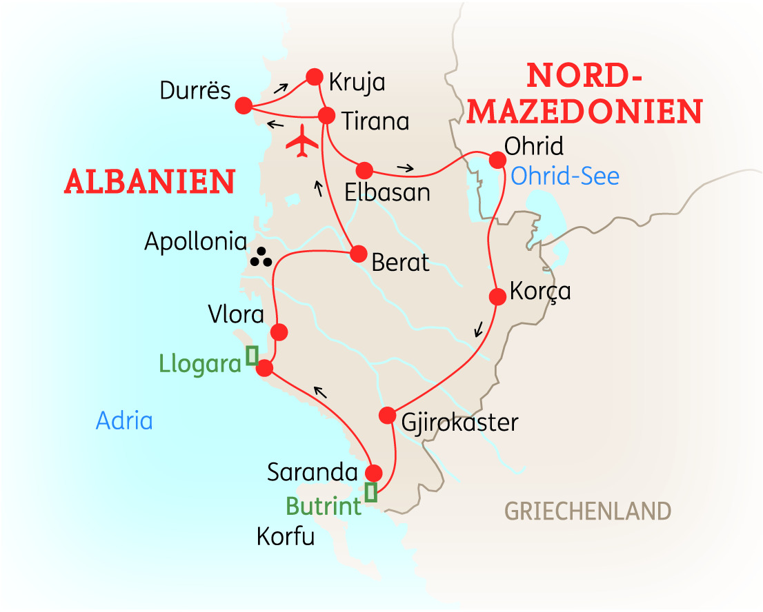 Karte von Albanien und Nord-Mazedonien mit wichtigen Städten und Sehenswürdigkeiten.