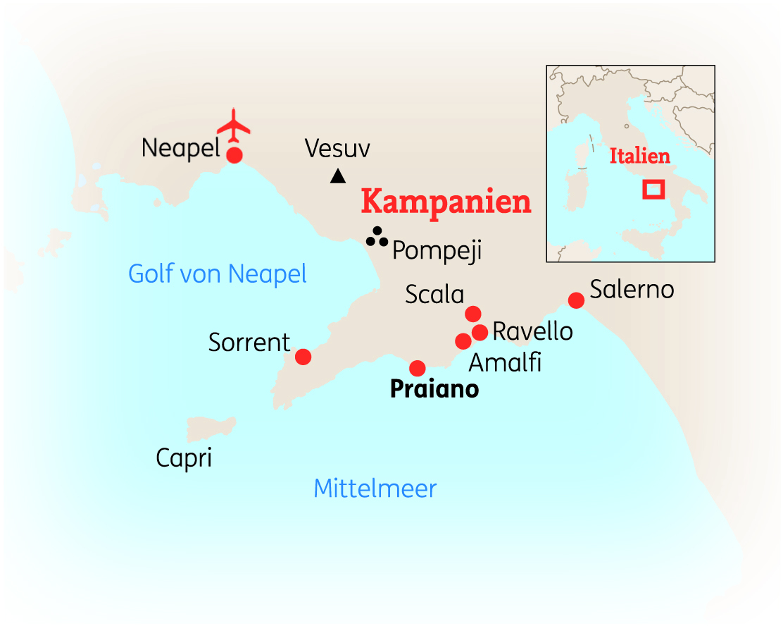 Karte von Kampanien in Italien mit Städten wie Neapel, Pompeji und Amalfi sowie dem Vesuv.