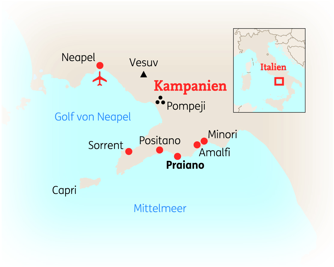 Karte von Kampanien in Italien mit Hauptorten wie Amalfi, Neapel und Vesuv in einem klaren Design.