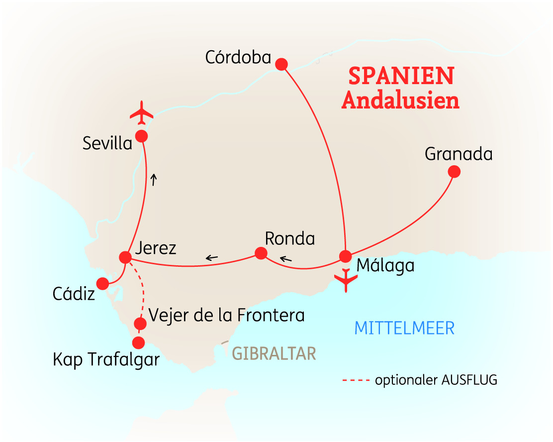 Karte von Andalusien in Spanien mit wichtigen Städten und optionalen Ausflügen dargestellt.