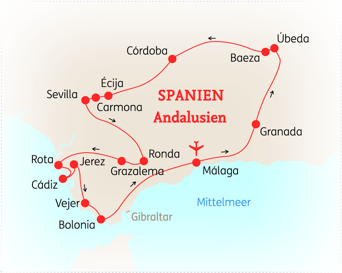 Karte von Andalusien in Spanien mit wichtigen Städten und Routen, einschließlich Sevilla, Córdoba und Granada.