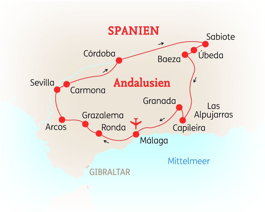 Karte von Andalusien in Spanien, die wichtige Städte und Routen zeigt, einschließlich Málaga und Gibraltar.