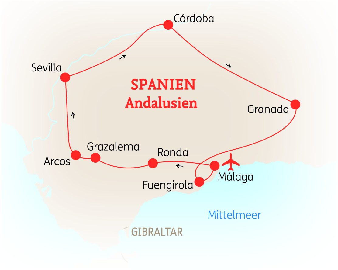 Karte von Andalusien in Spanien mit wichtigen Städten und Routen eingezeichnet.