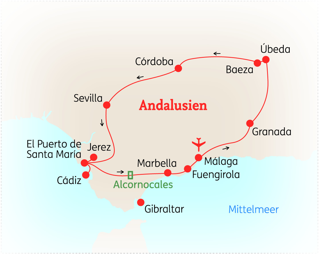 Karte von Andalusien mit wichtigen Städten wie Sevilla, Córdoba und Granada sowie Routen und Standorten.