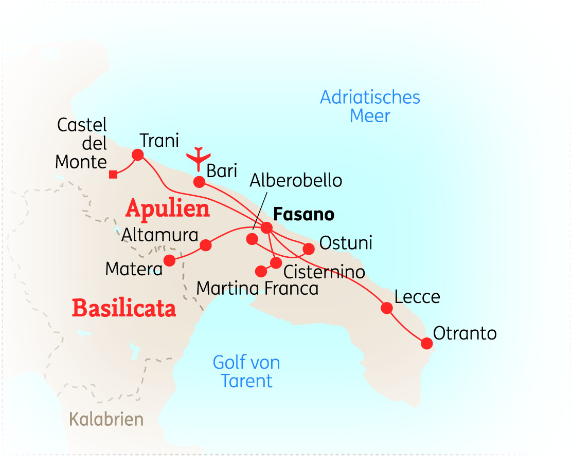 Karte von Apulien und Basilicata mit wichtigen Städten und geografischen Merkmalen.