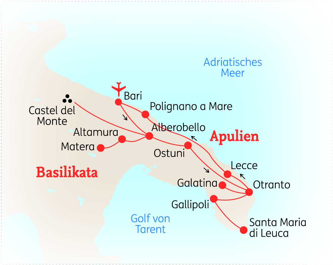 Karte von Apulien und Basilikata mit wichtigen Städten und geografischen Merkmalen.