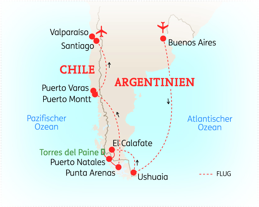 Karte von Argentinien und Chile mit wichtigen Städten und Sehenswürdigkeiten, einschließlich Torres del Paine und Ushuaia.