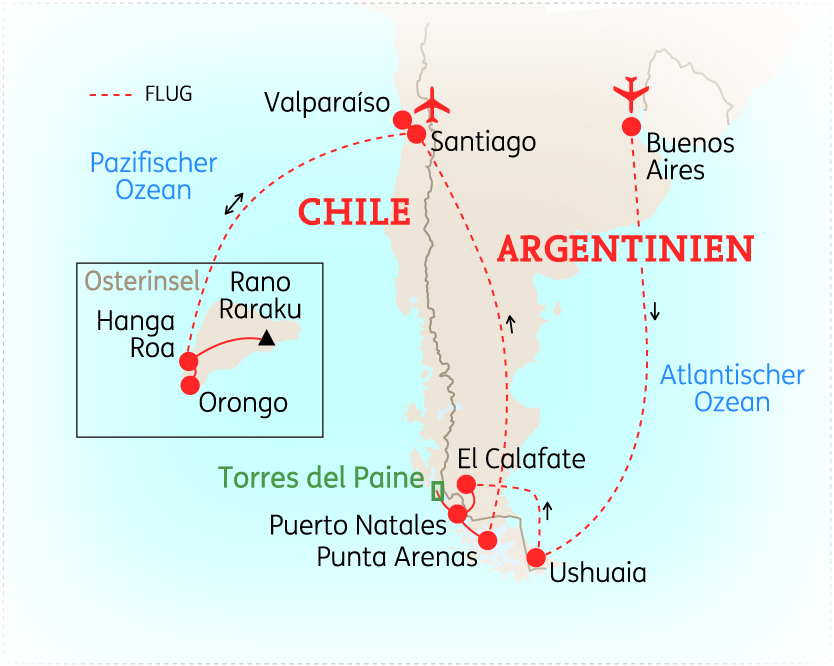 Karte von Argentinien und Chile mit wichtigen Städten und Reiserouten, einschließlich Buenos Aires und Santiago.