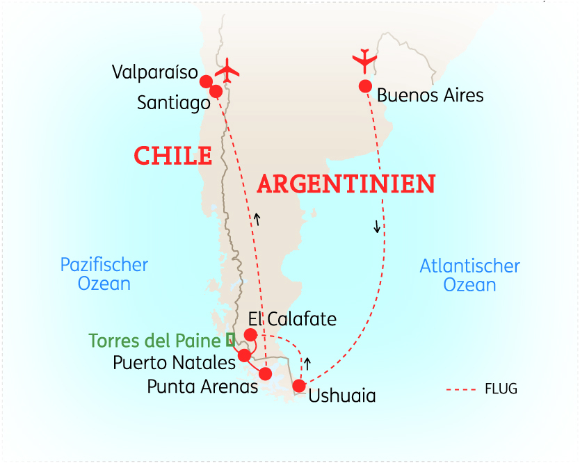 Karte von Argentinien und Chile mit wichtigen Städten und geografischen Merkmalen, einschließlich Ozeanen und Nationalparks.
