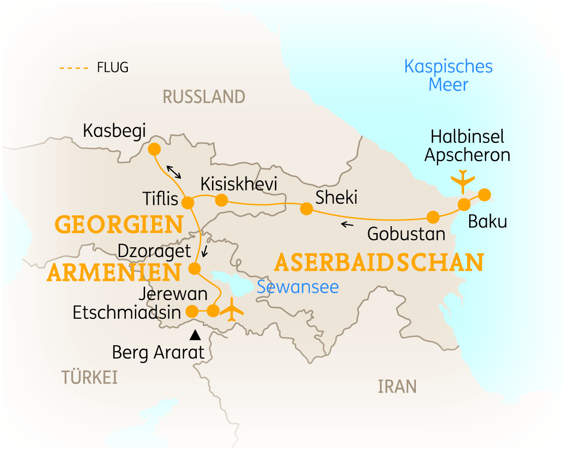 Karte von Georgien, Armenien und Aserbaidschan mit wichtigen Städten und geografischen Merkmalen.
