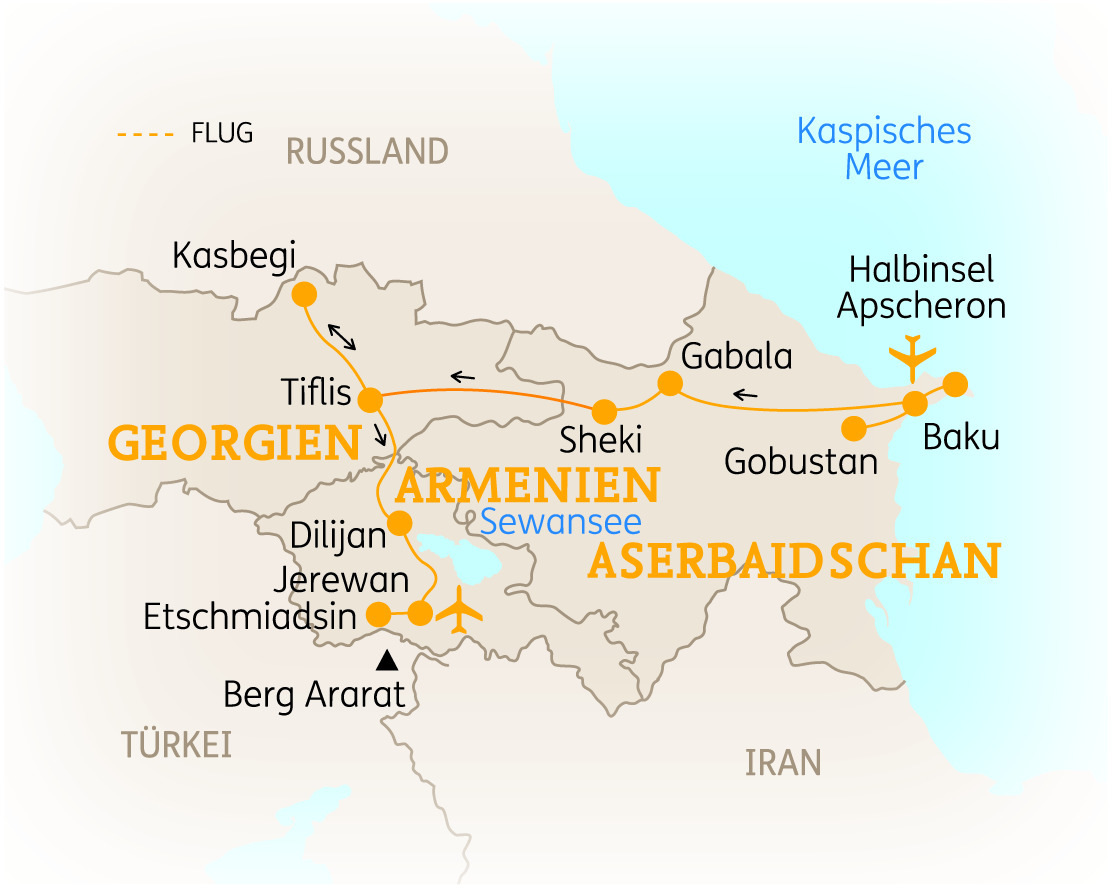 Karte von Georgien, Armenien und Aserbaidschan mit wichtigen Städten und geografischen Merkmalen.