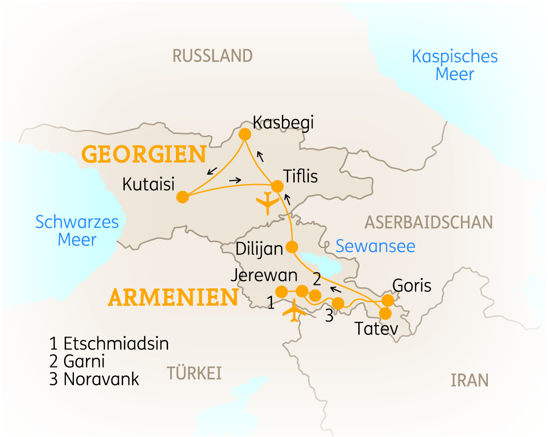 Karte von Armenien und Georgien mit markierten Städten und Routen für eine Rundreise.