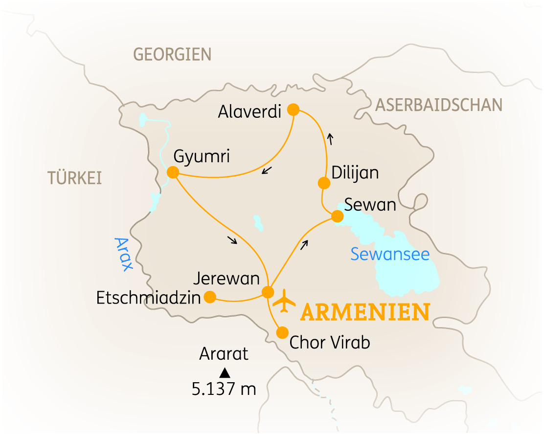 Karte von Armenien mit wichtigen Städten und dem Sewansee, sowie dem Ararat als markantem Punkt.