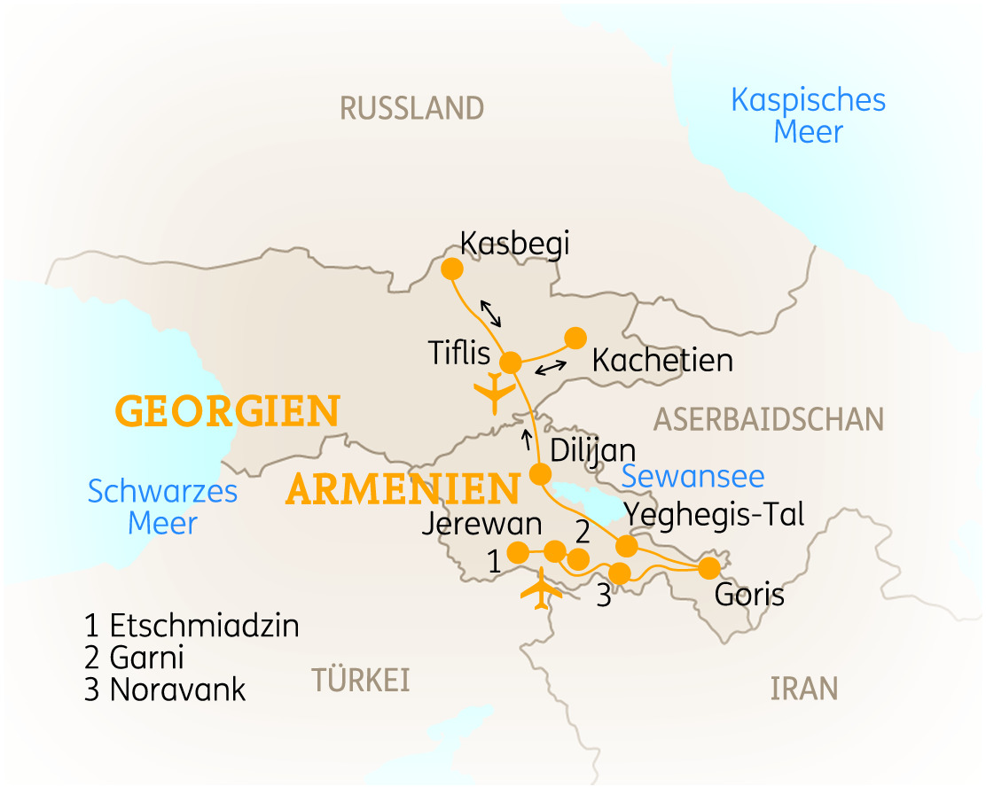 Karte von Armenien und Georgien mit markierten Städten und Routen für Reisen.