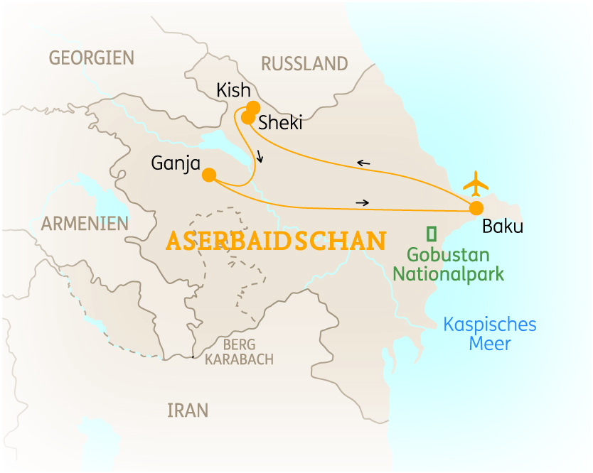 Karte von Aserbaidschan mit wichtigen Städten und dem Gobustan Nationalpark in einem klaren Design.