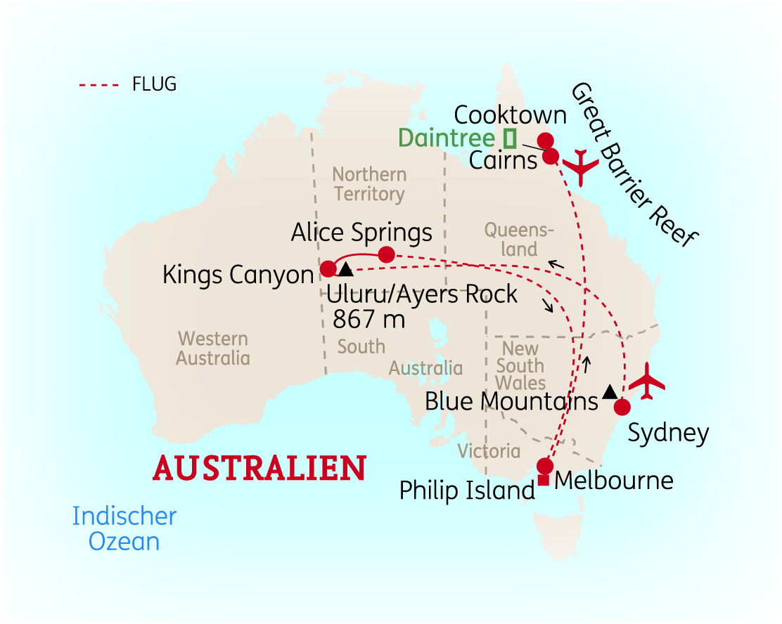 Karte von Australien mit markierten Reiserouten zu wichtigen Zielen wie Great Barrier Reef und Sydney.