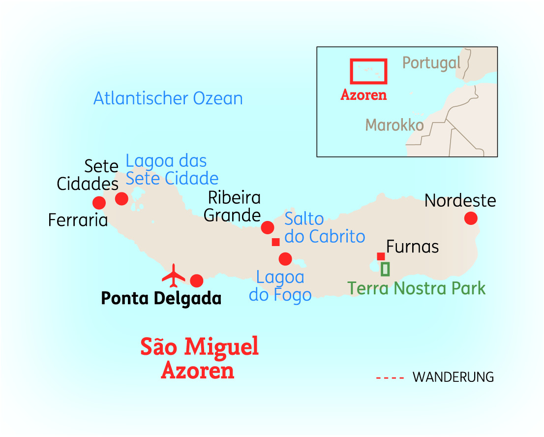 Karte von São Miguel auf den Azoren mit Wanderwegen und wichtigen Orten wie Ponta Delgada und Terra Nostra Park.