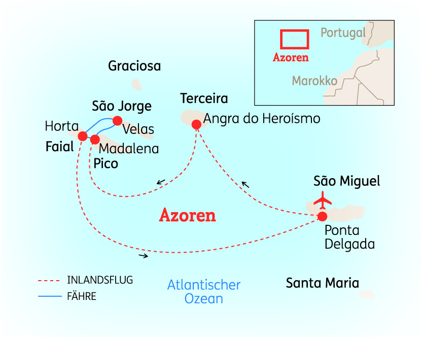Karte der Azoren mit den wichtigsten Inseln und Verbindungen, einschließlich São Miguel und Terceira.