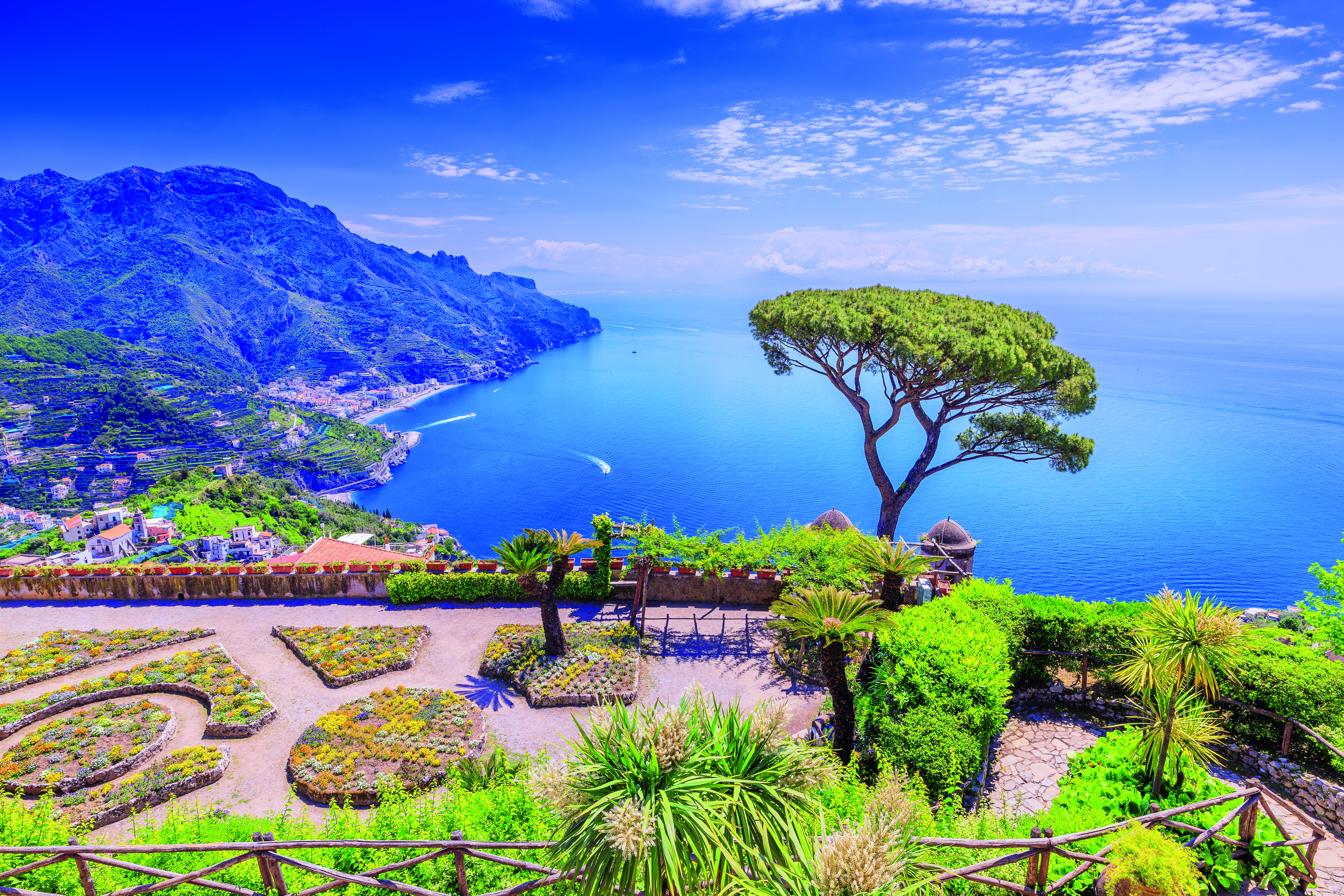 Blick auf die Küste mit klarem blauen Wasser und einem Baum auf einem Hügel in Italien.