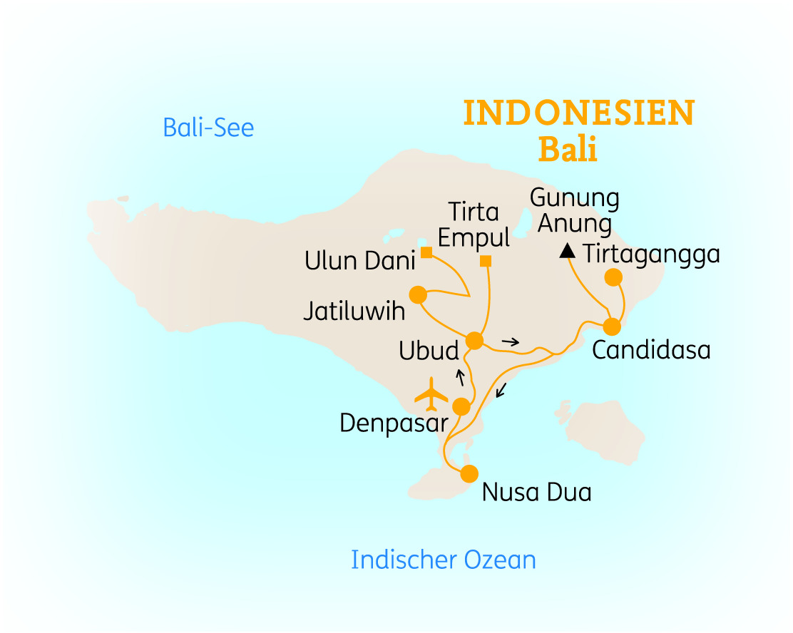 Karte von Bali, Indonesien, mit wichtigen Orten wie Ubud, Denpasar und Nusa Dua.
