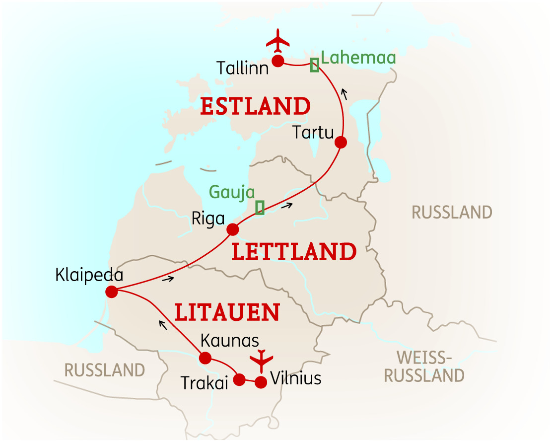 Karte des Baltikums mit den Hauptstädten Tallinn, Riga und Vilnius sowie wichtigen Städten und Routen.