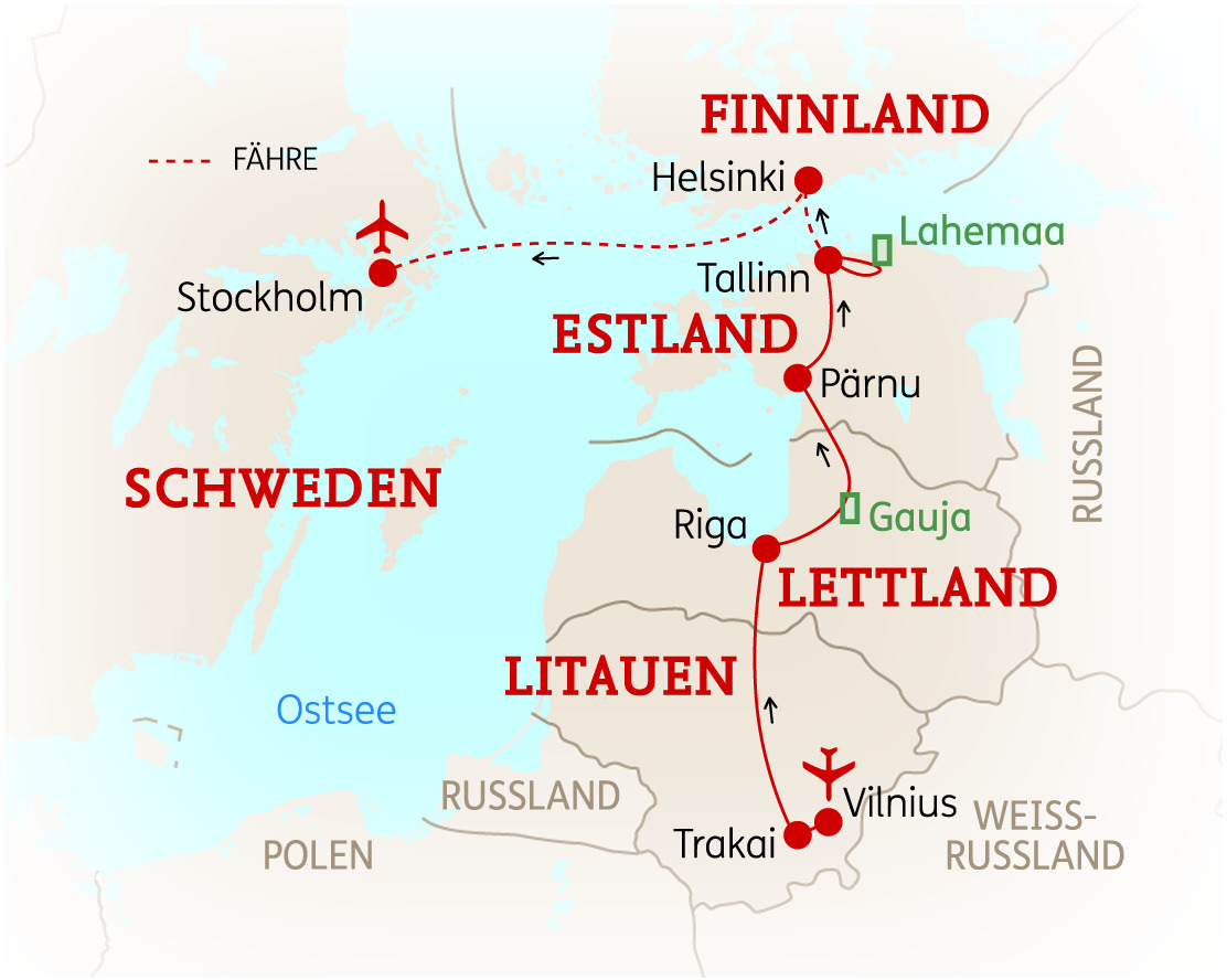 Karte des Baltikums mit den Ländern Finnland, Estland, Lettland und Litauen sowie wichtigen Städten und Routen.