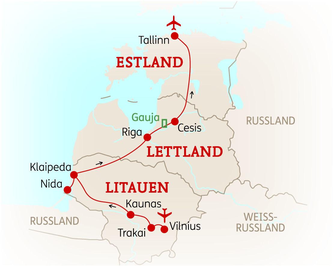 Karte der Baltischen Staaten mit den Hauptstädten Tallinn, Riga und Vilnius sowie wichtigen Städten in Estland, Lettland und Litauen.