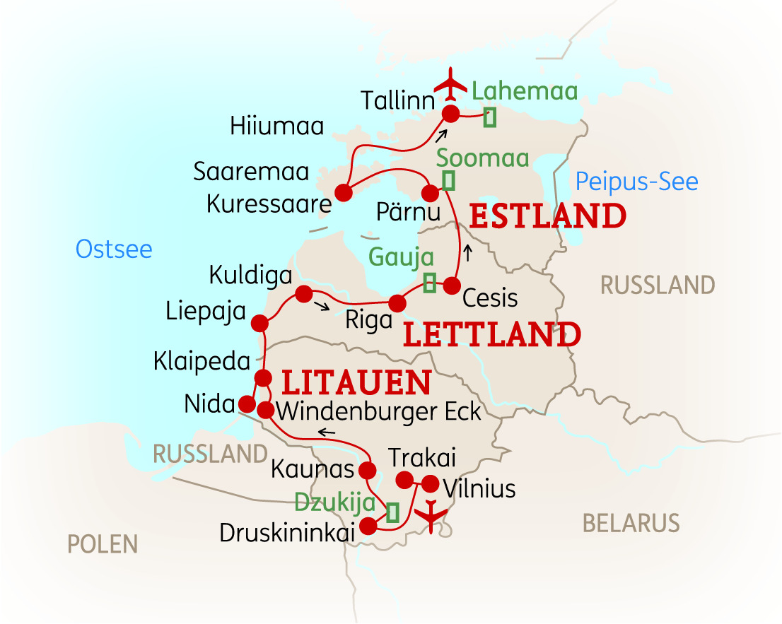 Karte der Baltischen Staaten mit den Hauptstädten Estland, Lettland und Litauen sowie wichtigen Städten und Routen.