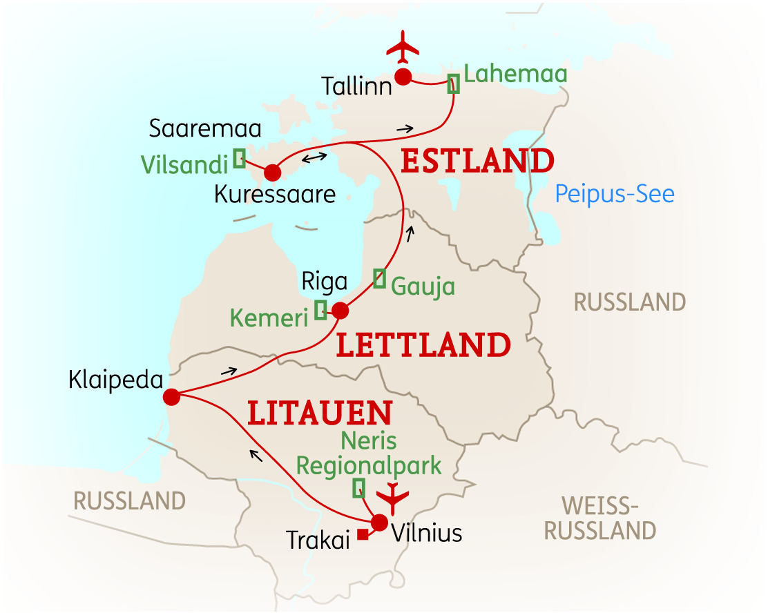 Karte der Baltikum Rundreise mit Städten und Routen in Estland, Lettland und Litauen.