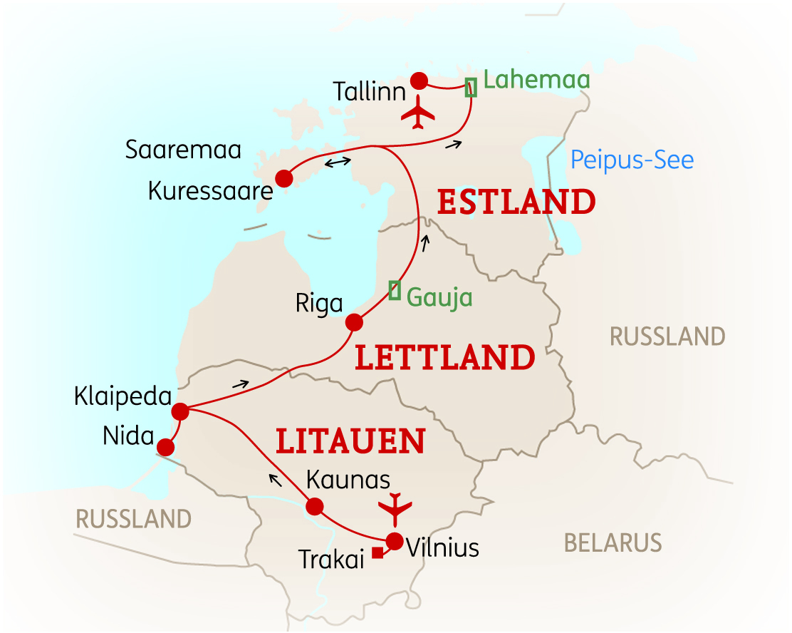 Karte des Baltikums mit den Hauptstädten Tallinn, Riga und Vilnius sowie wichtigen Städten in Estland, Lettland und Litauen.