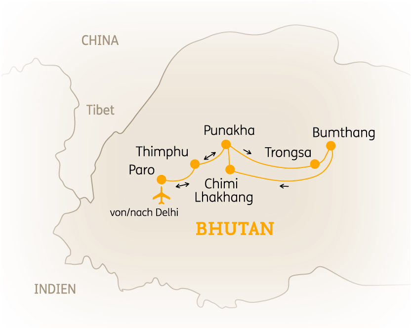 Karte von Bhutan mit wichtigen Städten und Routen, einschließlich Punakha, Bumthang und Thimphu.