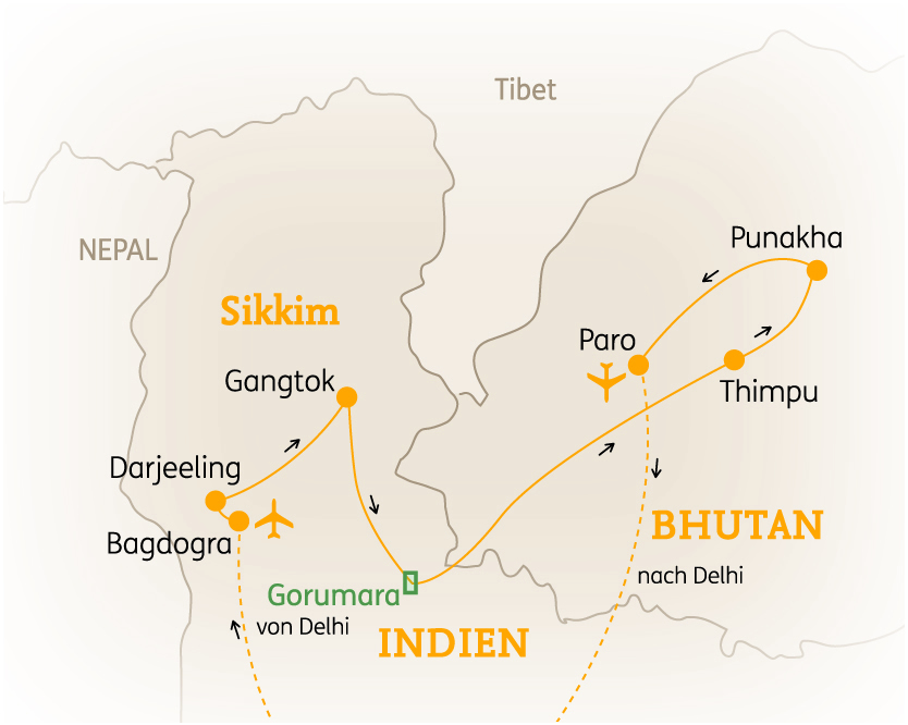 Karte von Bhutan und Indien mit wichtigen Städten wie Sikkim, Darjeeling und Punakha.