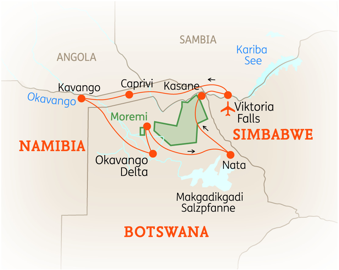 Karte von Botswana mit wichtigen geografischen Merkmalen und Nachbarländern wie Namibia und Sambia.