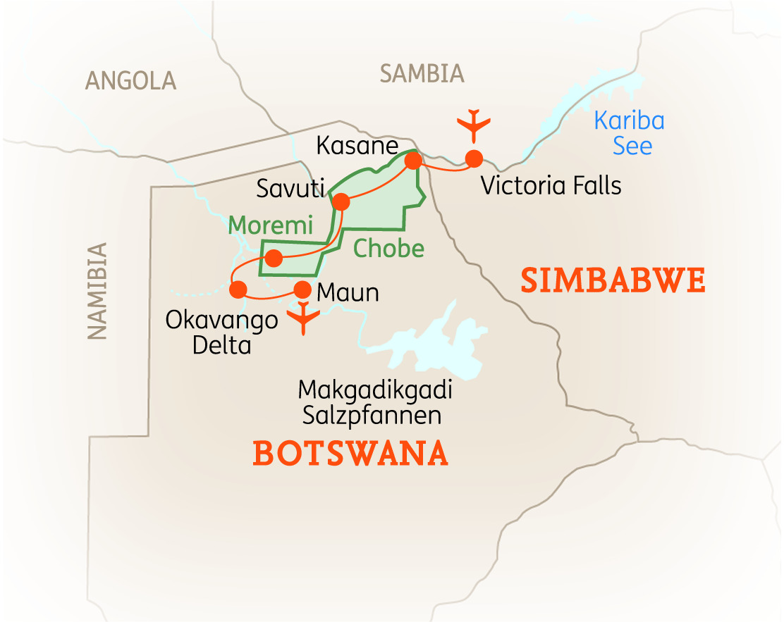 Karte von Botswana mit wichtigen Orten wie dem Okavango Delta und den Victoriafällen.