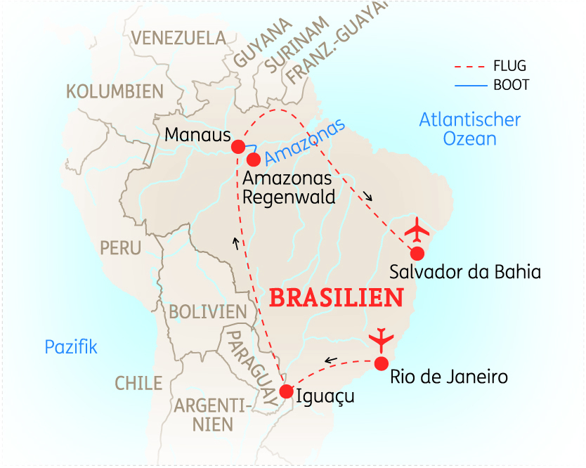 Karte von Brasilien mit wichtigen Städten und geografischen Merkmalen wie dem Amazonas und dem Atlantischen Ozean.
