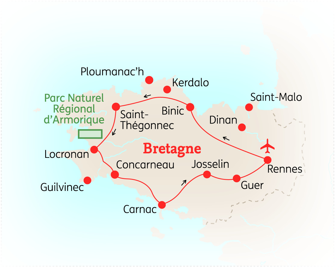 Karte von Bretagne mit markierten Städten und dem Parc Naturel Régional d'Armorique.