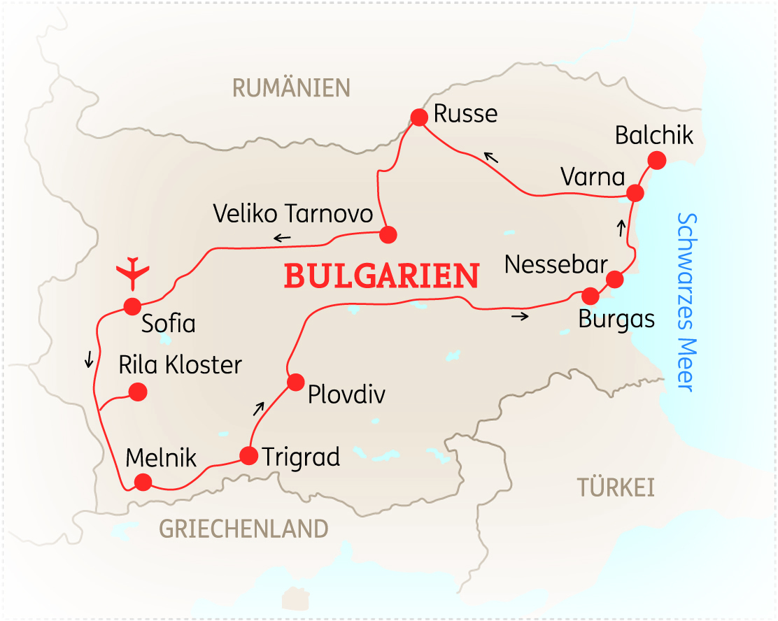 Karte von Bulgarien mit wichtigen Städten und Routen, einschließlich Sofia, Varna und Burgas.