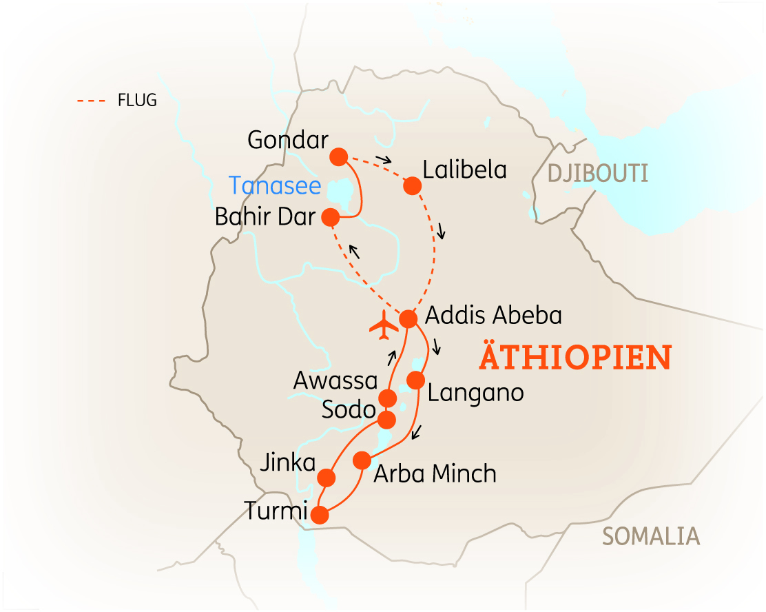 Karte von Äthiopien mit wichtigen Städten und Routen für eine Rundreise.