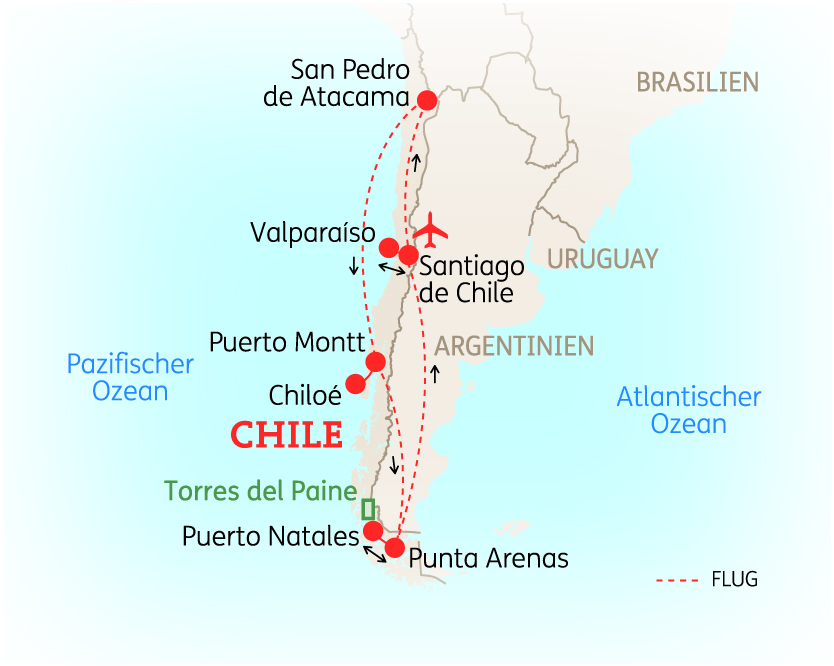 Karte von Chile mit wichtigen Städten und Sehenswürdigkeiten wie Santiago de Chile, Valparaíso und Torres del Paine.